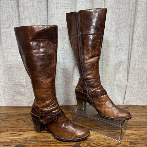 Born Brown Leather Knee High Boots Women’s Size 9 Stacked Heel Riding Style - Picture 1 of 8